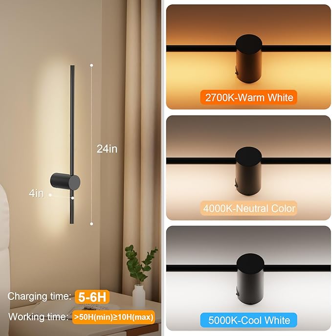 NIORSUN 24 Inch Battery Operated Wall Sconce Set of 2, 10 Colors Dimmable