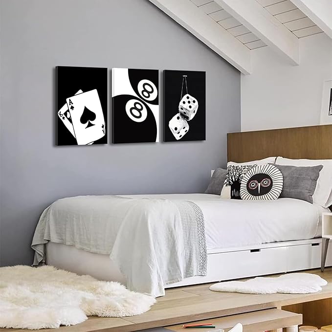 BOKPEN 3Pcs Black and White Poker Dice Canvas Wall Art Lucky You Poster Prints