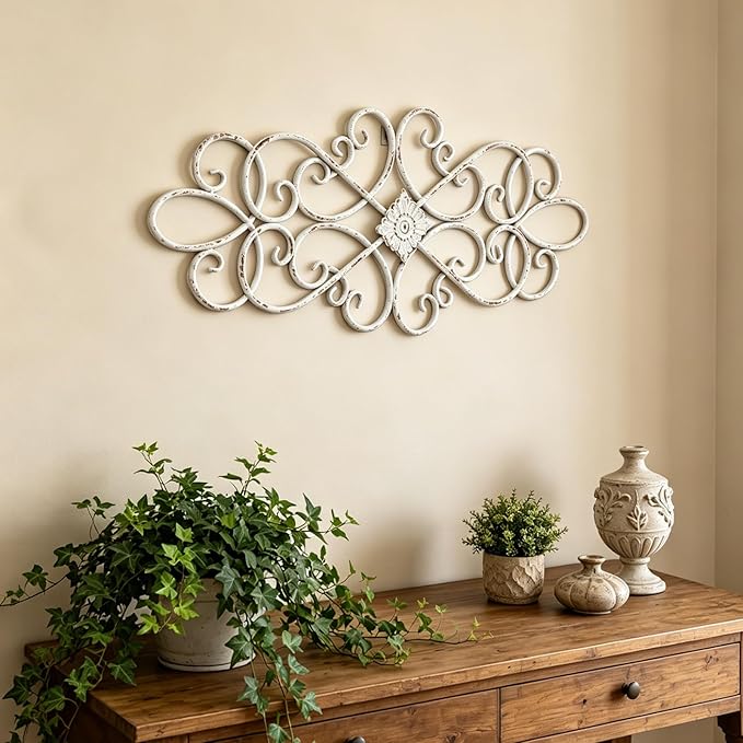 Sintosin White Flower Scroll Metal Wall Art Decor 32" x 13", Hanging Vintage Large Floral Wrought Iron Wall Decor, Farmhouse Wall Sculptures Decorations for Living Room Bedroom Indoor Outdoor
