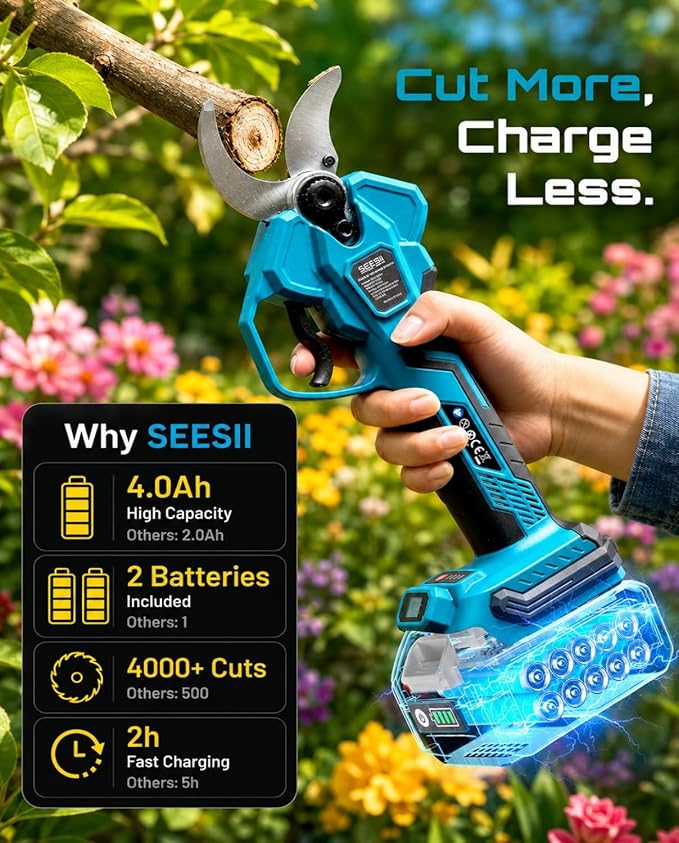 SEESII Electric Pruning Shears for Gardening: 1.8” Cutting Cordless Power Pruner - Brushless Motor, Dual 4.0Ah Battery, 4 Levels Adjustable Extra SK5 Blade Branches Cutter For Tree & Flower Trimming