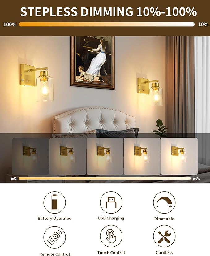 Rayogale Rechargeable Wall Sconce, Easy Install Dimmable Wireless Wall Lamps