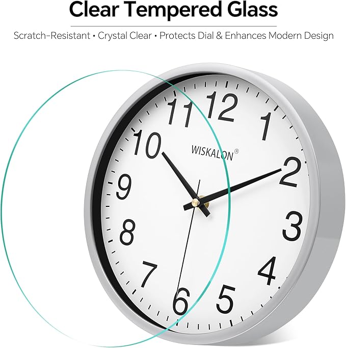 WISKALON 10 Inch Wall Clock, Silent Non-Ticking Round Silver Frame Clock