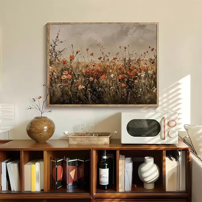 Vintage Canvas Wall Art Red Flowers Wall Decor Landscape Country Wildflowers Painting Farmhouse Picture Modern Print Rustic Floral Prints Living Room Bedroom Bathroom 12x16 Inch Framed