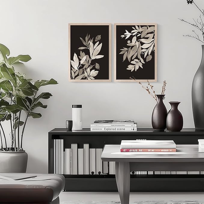 Framed Vintage Canvas Wall Art Botanical Leaves Poster Picture Countryside Painting Nature Landscape Modern Home Print Living Room Gallery Office Ready to Hang 16x24 inches x2