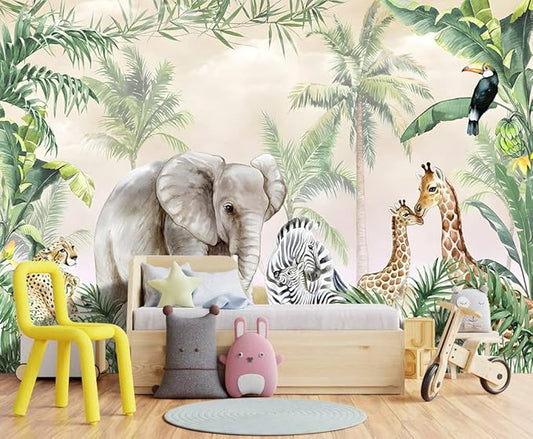 Tropical Animal Plants wallpeper Nursery Kids Bedroom Elephant wall Mural