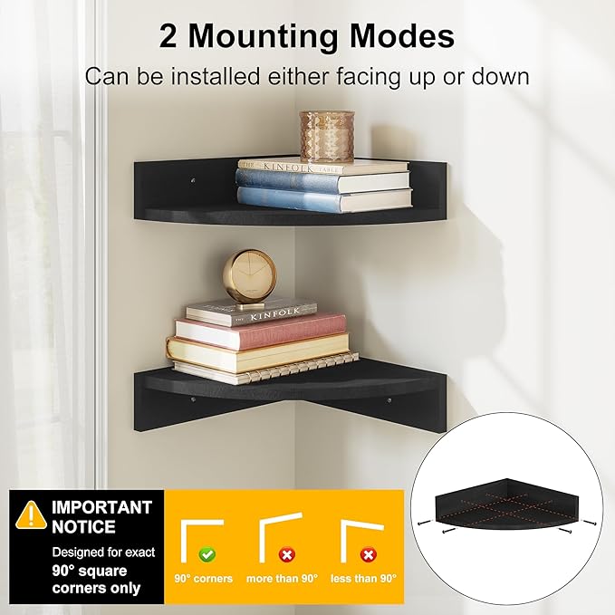 Alsonerbay Black Corner Shelf Wall Mount, Rustic Wood Shelves