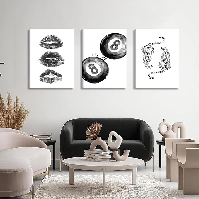BOKPEN Trendy Black and White Leopard Canvas Wall Art, Funky Y2k Lucky 8 Ball