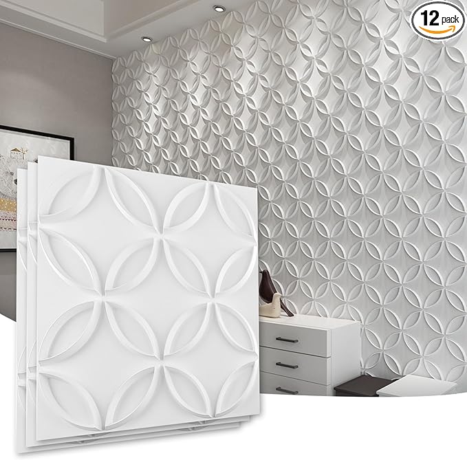 Art3d PVC 3D Wall Panel Interlocked Circles in Matt White Cover 32 Sq.ft