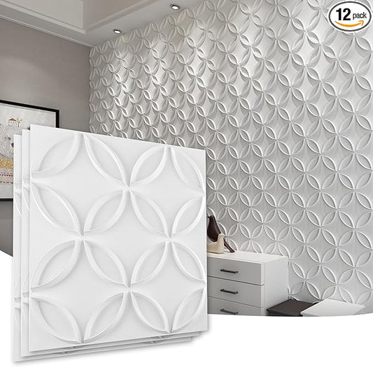 Art3d PVC 3D Wall Panel Interlocked Circles in Matt White Cover 32 Sq.ft