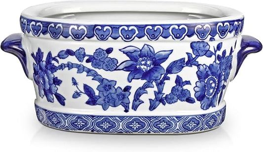 Blue and White Ceramic Planter Pot â Vintage Floral Oval Cachepot Vase for Indoor Plants, Flowers & Succulents â Glazed Chinese Porcelain Style Decorative Bowl â 7.4" Size â No Drainage