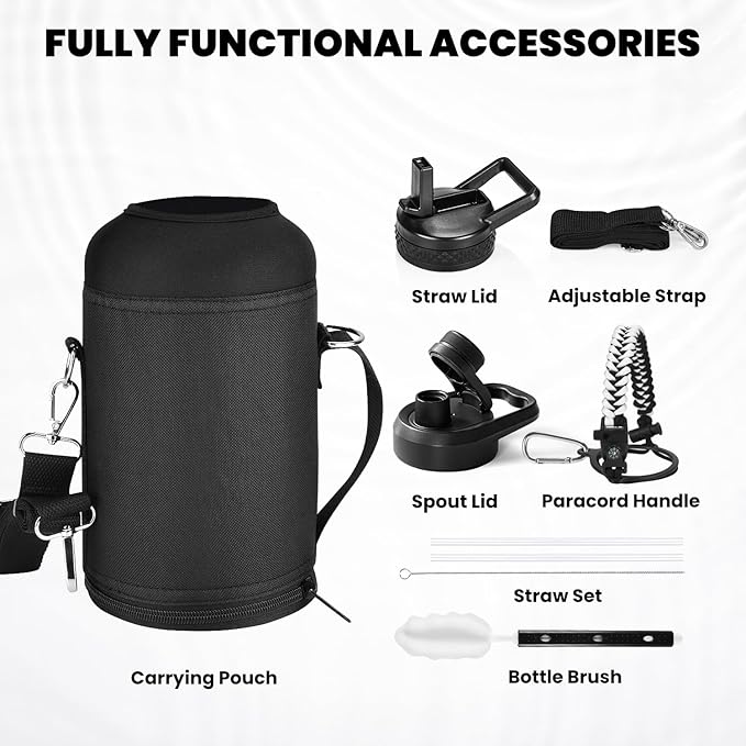 Insulated Water Bottle 64 oz, Triple Wall Vacuum Stainless Steel (Cold for 48 Hrs), Leak Proof & Non-BPA, Half Gallon Water Flask Jug with Paracord Handle & Straw Spout Lids, White/Black