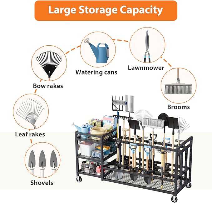 HavenlyYouth Garden Tool Organizer with Wheels-Movable Garden Tool Rack with Storage Hooks for Long-Handled Tools/Rakes/Brooms/Shovels,Heavy Duty Metal Garden Tool Storage for Garage,Shed,Garden,Black