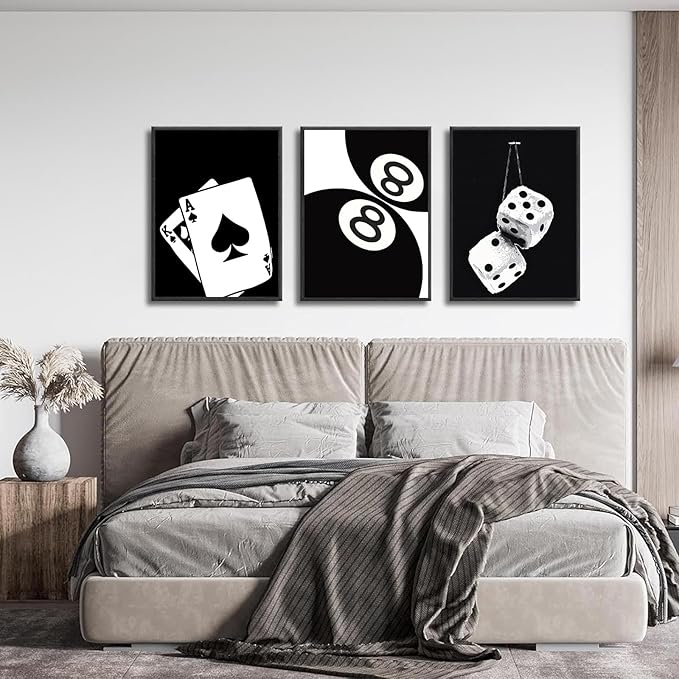 3Pcs Black and White Poker Dice Canvas Wall Art Lucky You Poster Prints Trendy