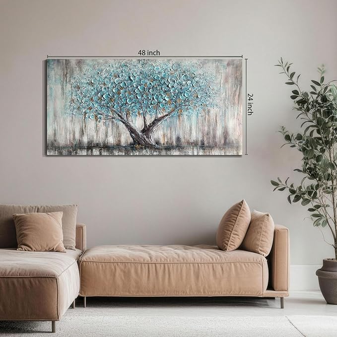 Arjun Tree Wall Art Canvas for Living Room Blue Tree of Life Nature Teal Abstract Painting, Textured Picture Modern Panoramic Landscape Artwork Large Framed Bedroom Home Office Decor 48"x24"