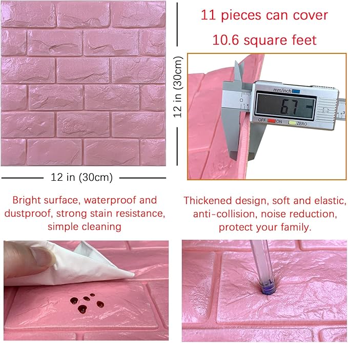 11PCS 3D Wall Panels Peel and Stick Faux Brick Wallpaper Pink Self Adhesive