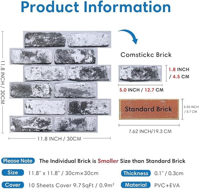 COMSTICKC 3D Faux Brick Wall Panels Peel and Stick Wall Stickers, Small Size
