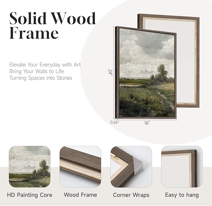 3 Piece Framed Vintage Landscape Canvas Wall Art Set, Large Green Tree and Floral Farmhouse Artwork for Walls, French Country Retro Nature Prints Paintings for Living Room Bedroom Fireplace Wall Decor