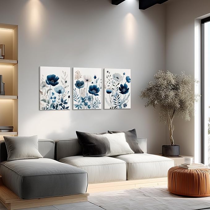 LLEEMPI Framed Navy Blue Floral Wall Art Set of 3, Modern Wildflower Wall Decor