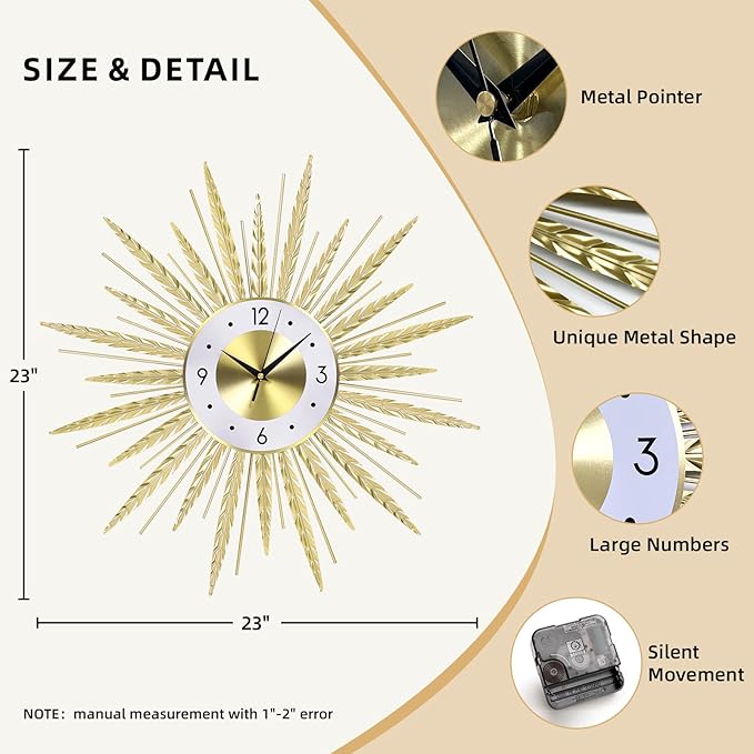 23 inch Gold Starburst Wall Clock, Silent Non-Ticking Large Modern Starburst