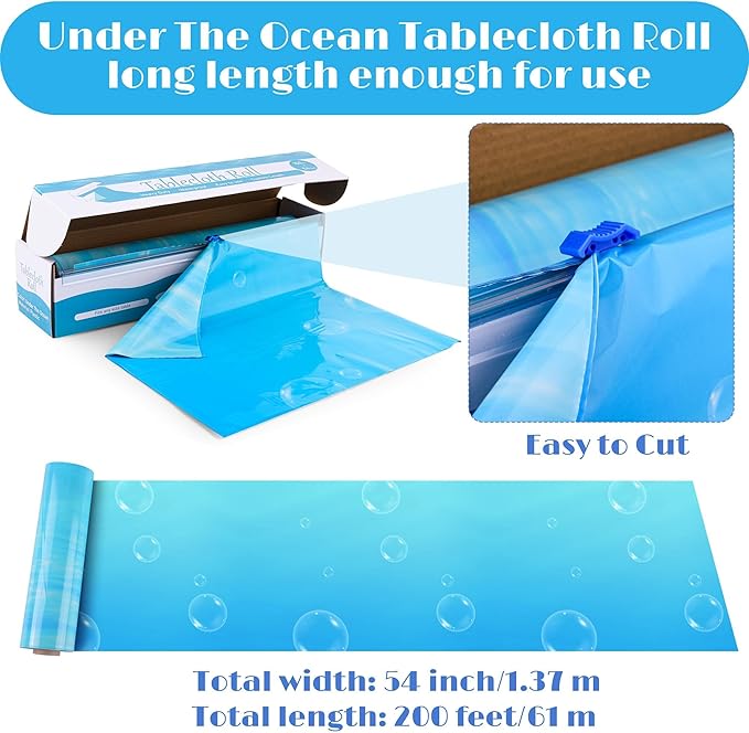 Kochorie 54 Inch x 200 Ft Ocean Waves Plastic Tablecloth Roll in Slide Cutter