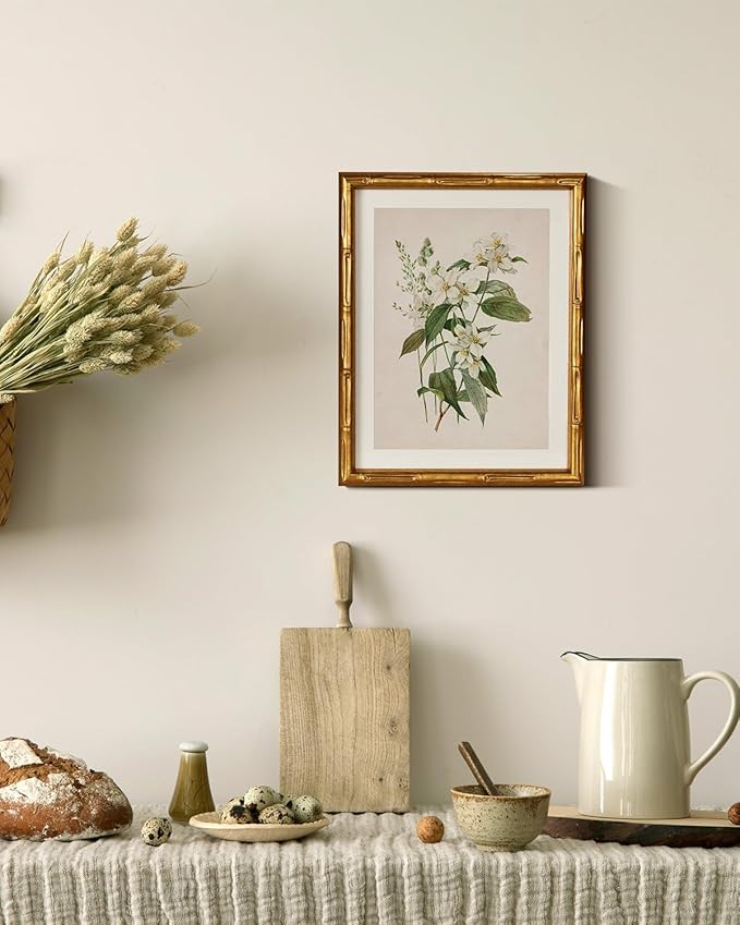 InSimSea Gold Bamboo Framed Canvas Wall Art, Neutral Floral Botanical Paintings