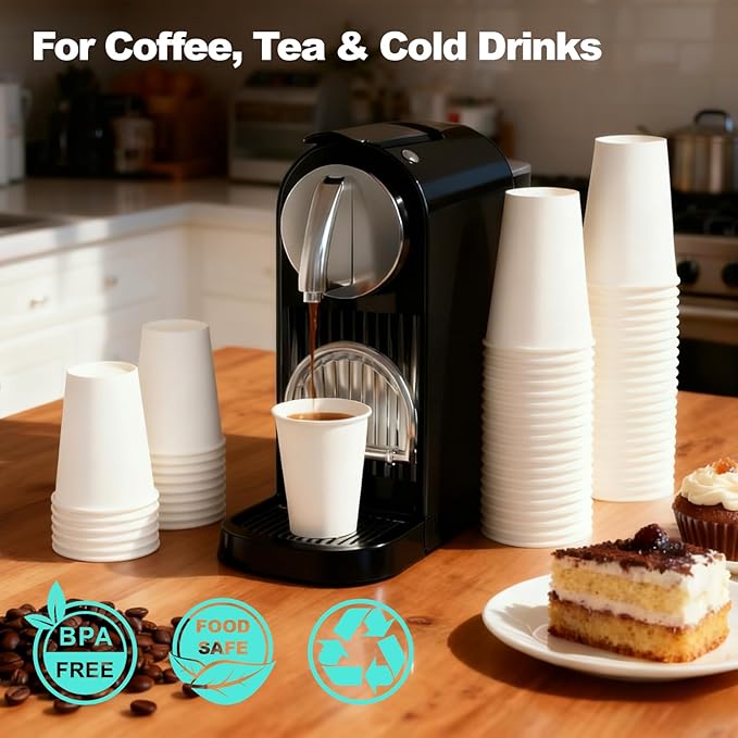 Coolcap 8 oz 1000 Pack Disposable Coffee Cups, Bulk White Disposable Paper Cups, Coffee Cups for Hot Tea, Chocolate and Cold Drinks