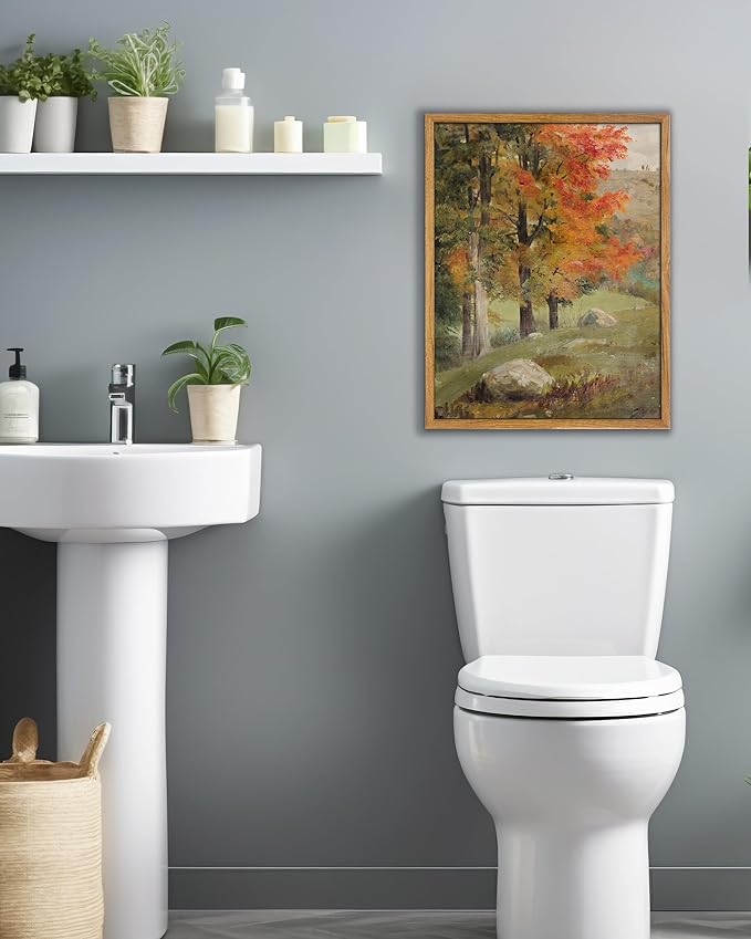 UPWOIGH Framed Wall Art,Autumn Tree Oil Painting Canvas Poster Vintage Fall Landscape Rustic Print Retro Forest Moody Wall Art Living Room Decor 8x10in