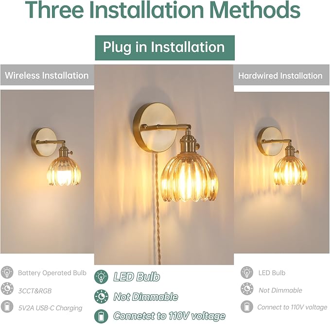 Shenmoyl Plug in Wall Sconce, Amber Tulip Glass Lampshade Wall Light Plugin