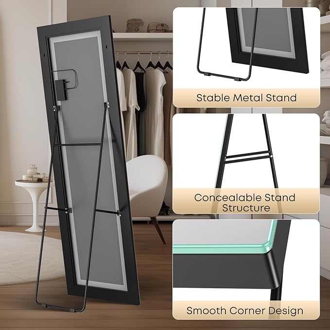 Kosmonia 65x22 Frameless Full Length Mirror, Dimmable 3 Color LED Light