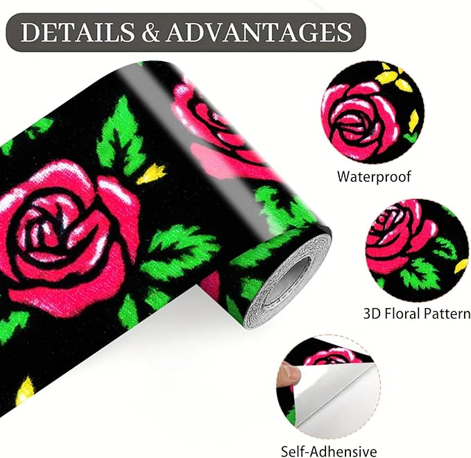 Red Rose Wall Border 196x4 Inch Peel and Stick Floral Wallpaper Border Black
