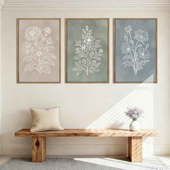 Anyzal Large Boho Botanical Framed Wall Art 16x24 Inch Minimalist Floral Canvas Wall Decor Farmhouse Plant Art Prints for Living Room Bedroom Dining Room Set of 3