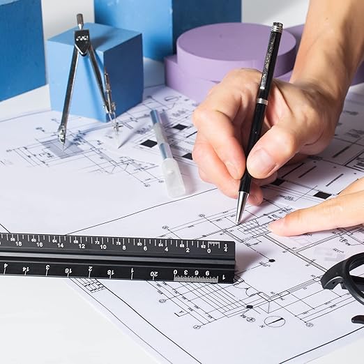 Architectural Scale Ruler, 12 Inch Aluminium Architect Scale Ruler, Imperial Metal Engineers Triangular Ruler for Architects, Students and Draftsmen, Laser Etched Markings