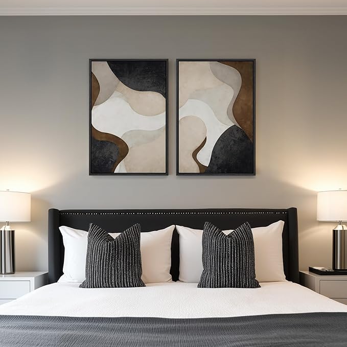 Framed Neutral Abstract Minimalist Wall Art, 2 Piece Large Modern Canvas Prints