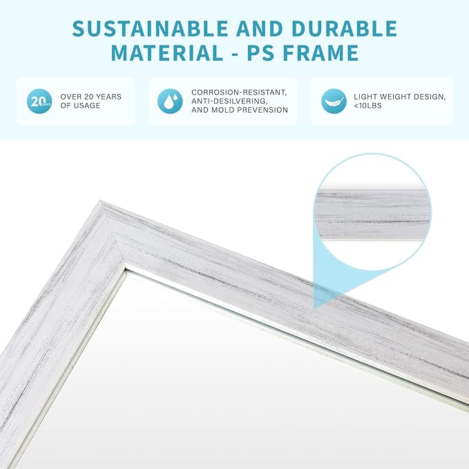White Wood Effect Framed Wall Mirror, 24x36 Rectangle Mirror, Anti-desilvering