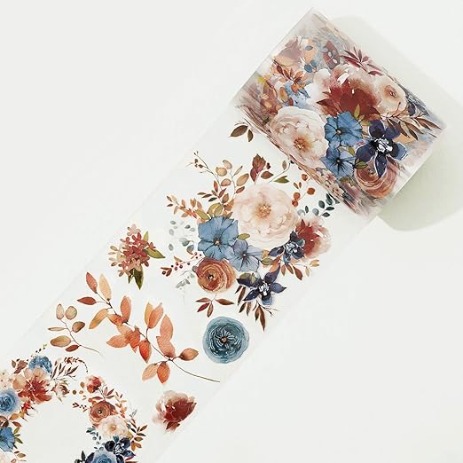 WT Dusty Blue & Cinnamon Wide PET Tape, Single Roll, Original Designs, Floral Decorative Tape, Transparent Craft Tape for Bujo Planner & DIY Supplies, Watercolor Flowers