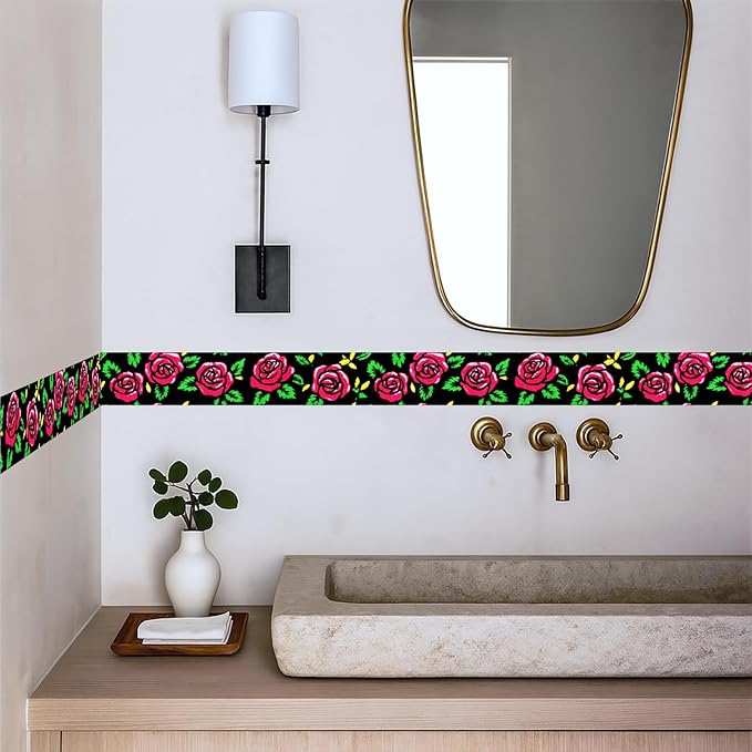 Red Rose Wall Border 196x4 Inch Peel and Stick Floral Wallpaper Border Black
