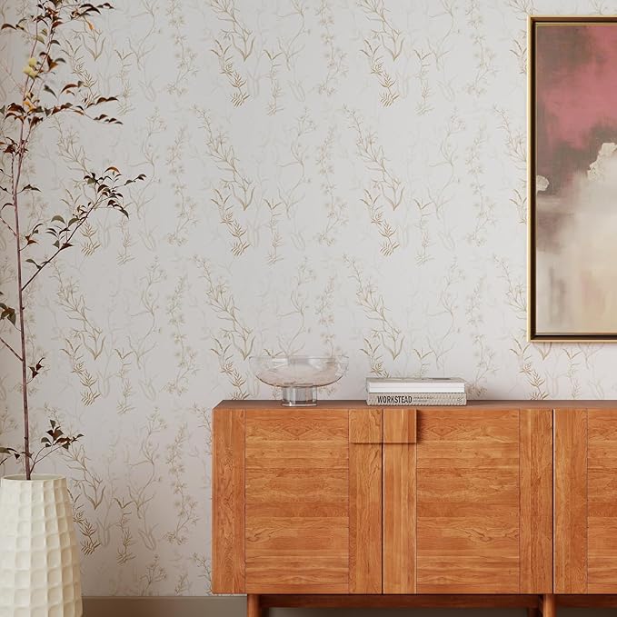 Timeet Botanical Floral Peel and Stick Wallpaper Beige Wildflower Self Adhesive