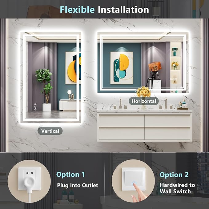 48x32 LED Bathroom Mirror with Lights, Backlit and Front Lit Anti-Fog Lighted