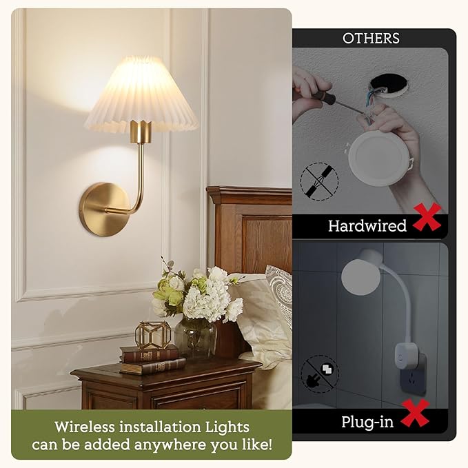 Wireless Wall Sconce Sets of 2, Pleated Shades Rechargeable Battery Operated