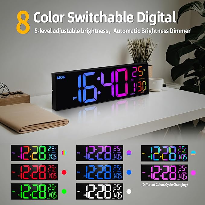 HAITANG 8 Colors Digital Wall Clock, 16.2" Large Digital Clock