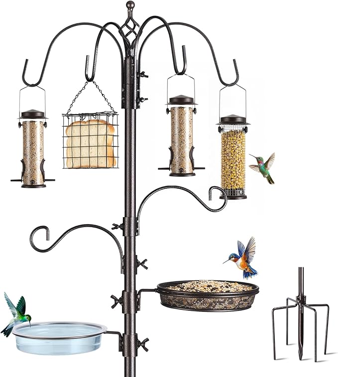 Bird Feeding Station Kit, 94 Inch, 6-Hook, Metal Birds Feeder Stand Pole with Bird Bath and Mesh Tray, Freestanding 5-Prong Base