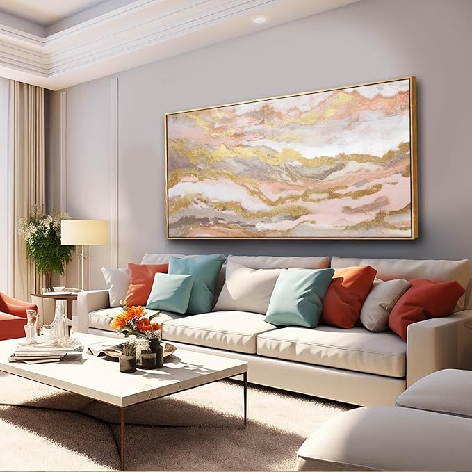 YJYart Canvas Wall Art Gold Living Room Decor Pink Canvas Art Room Decor