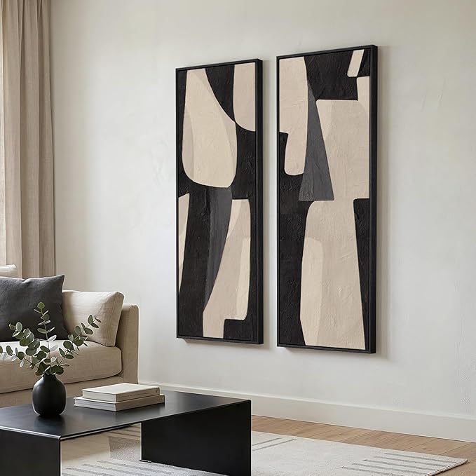 Long Narrow Framed Neutral Abstract Vertical Wall Art