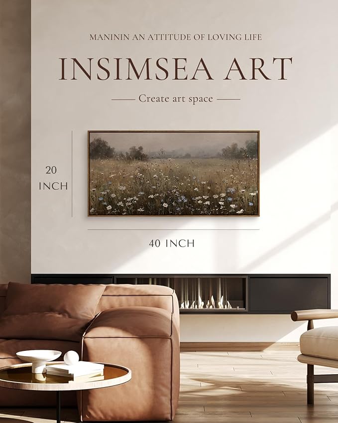 InSimSea Extra Large Framed Vintage Wall Art, Living Room Country Farmhouse Decor, Spring Wildflower Field Landscape Canvas Prints, Retro Scenery Long Pictures for Bedroom Above of Bed, 20x40inch