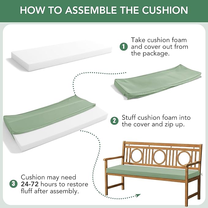 Summsun Outdoor Bench Cushion: Waterproof and Fade Resistant Patio Furniture Cushions - Non-Slip Bench Pad Cushion with Removable Cover for Garden Swing Porch Sofa Settee, 45 x 18 Inch, Sage Green