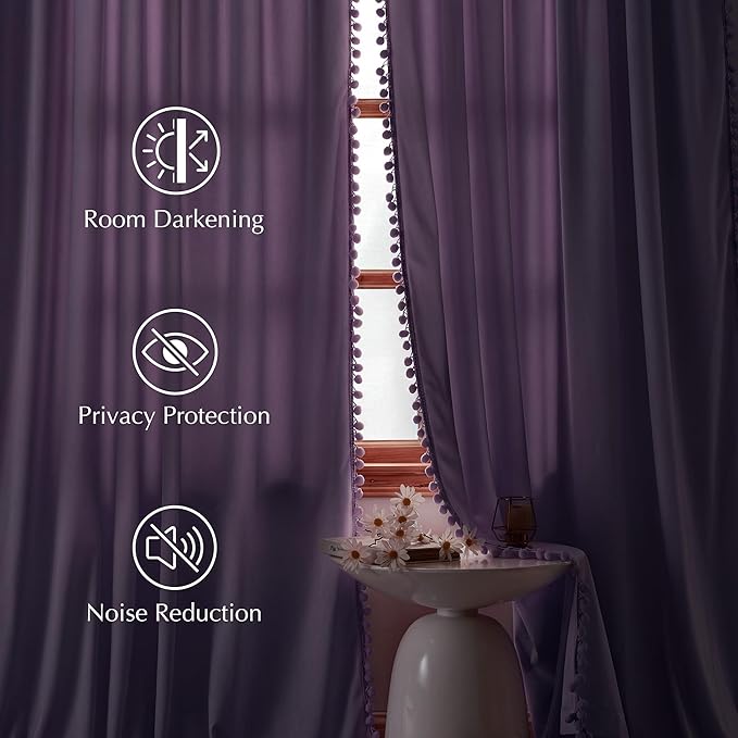 NICETOWN Lilac Purple Velvet Curtains 96 Inch Length – Pom Pom Room Darkening