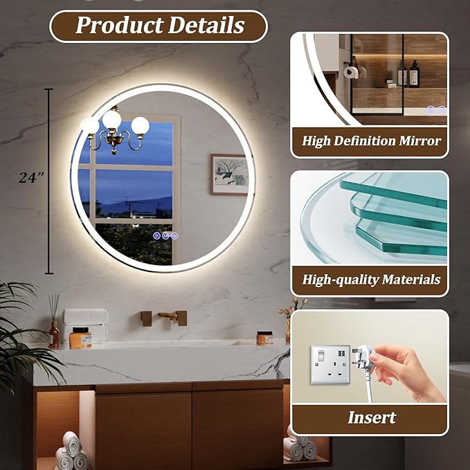 BEAUTYPEAK 24x24 LED Round Bathroom Mirror