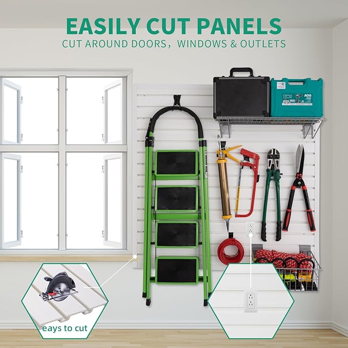 FRAYSCENT Slat Wall Paneling Garage Slat Wall Storage Systems Slatwall Panels Power Tool Organizer Wall Mount, PVC Garage Storage & Organization Products Slate Board (White, 4ft x 8ft with 15 Hooks)
