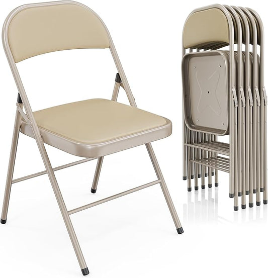 VINGLI 6 Pack Folding Chairs with Padded Seats, Metal Frame with Pu Leather Seat & Back, Capacity 350 lbs, Set of 6, Khaki