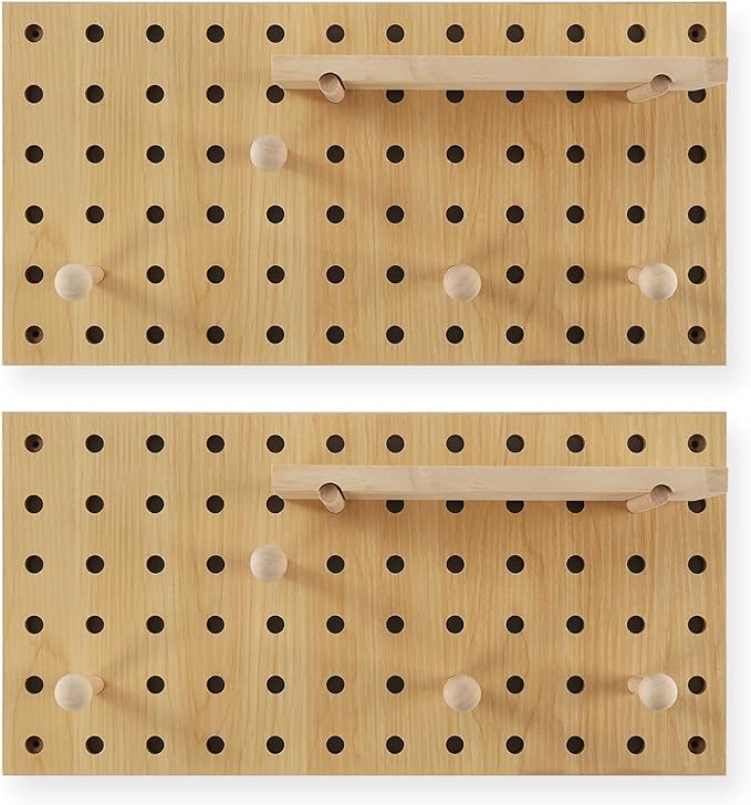 2 Pack Beige Wooden Pegboard, Modular Wall Organizer Storage Shelf